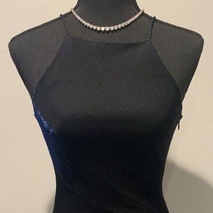 Jaslene ladies black & metallic blue spaghetti strap evening-gown